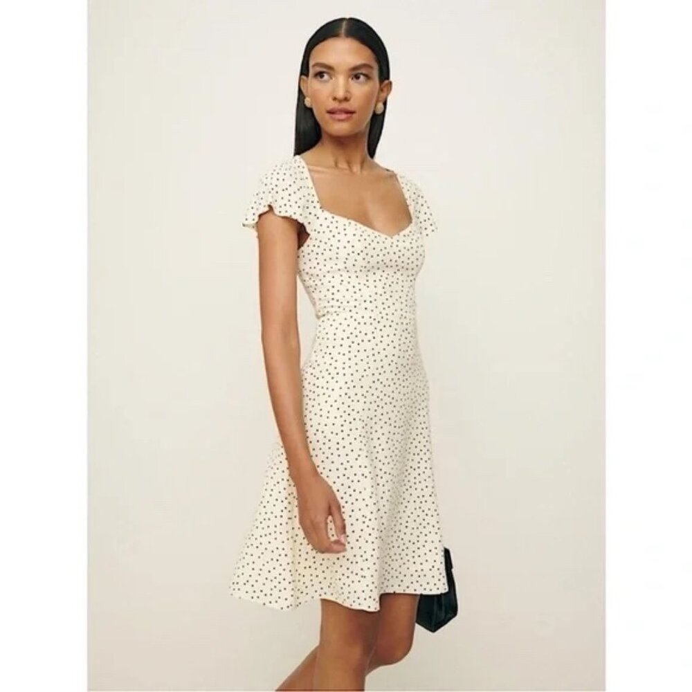 NWOT Reformation Novia Flutter Sleeve Dress, White & Black Polka Dot, Size 2
